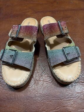 Gianni Bini Sparkling Rainbow crystals Double-Buckle Slide Sandals 8.5